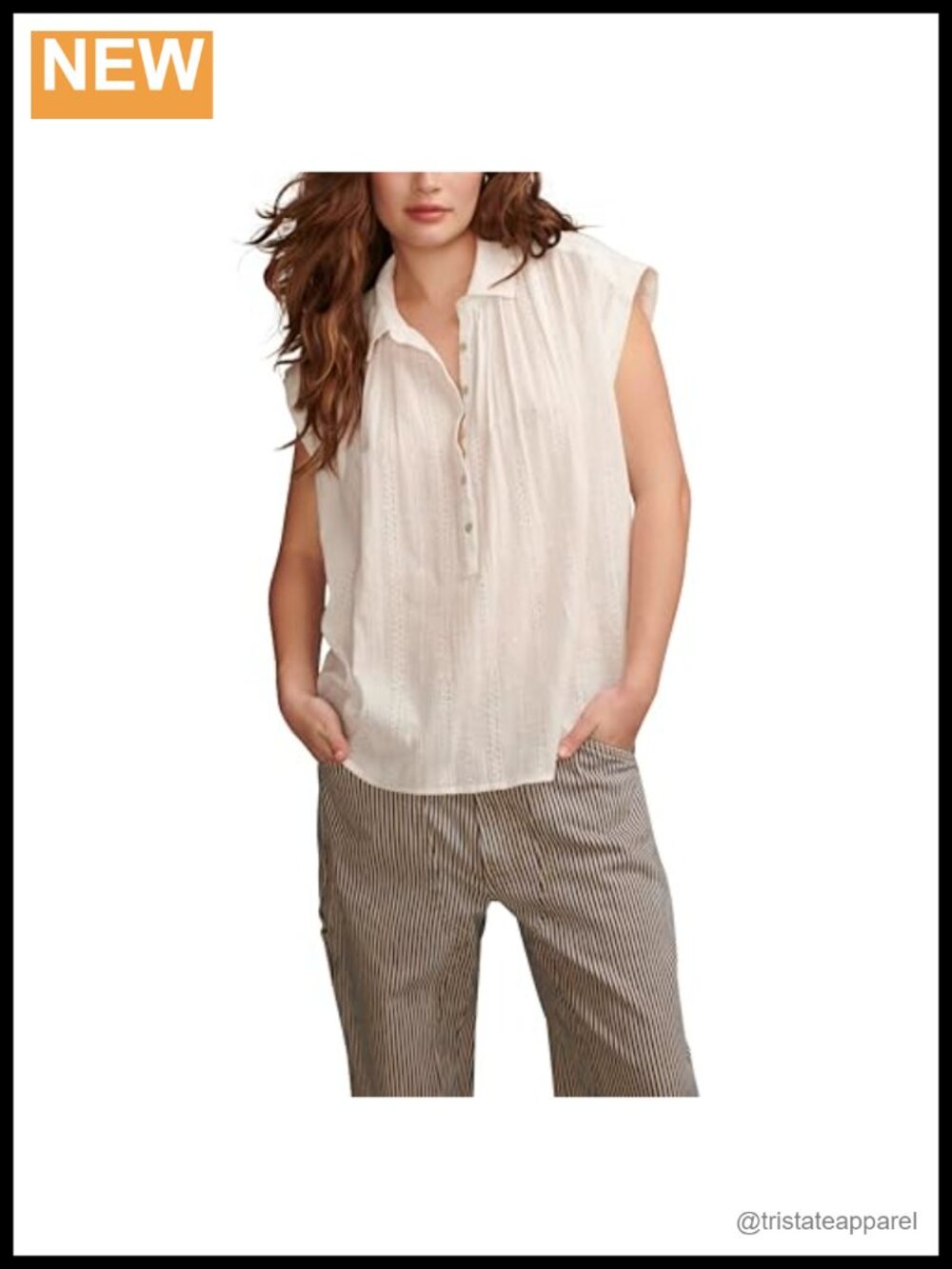Lucky Brand Women's Short Sleeve Popover Blouse with Lace, Cotton, Crew Neck